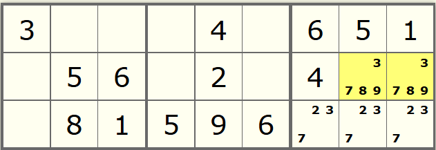 Sudoku grid showing two cells that have multiple candidate but 2 are unique to these 2 cells
