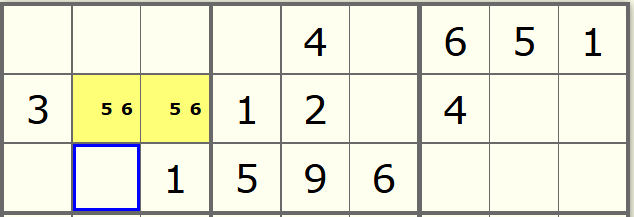 Sudoku grid showing a grid where two cells are marked as needing to have the same pair.